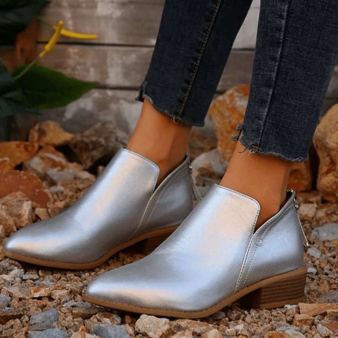 Women's Metallic Pointed-Toe Block-Heel Ankle Heeled Boots