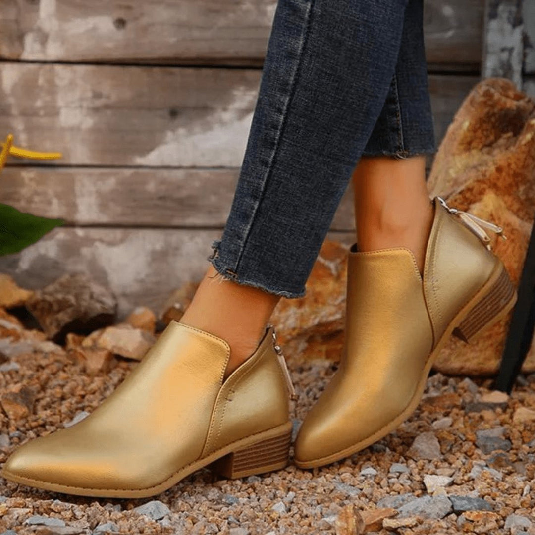 Women's Metallic Pointed-Toe Block-Heel Ankle Heeled Boots