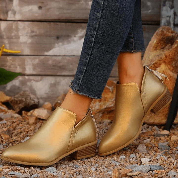 Women's Metallic Pointed-Toe Block-Heel Ankle Heeled Boots