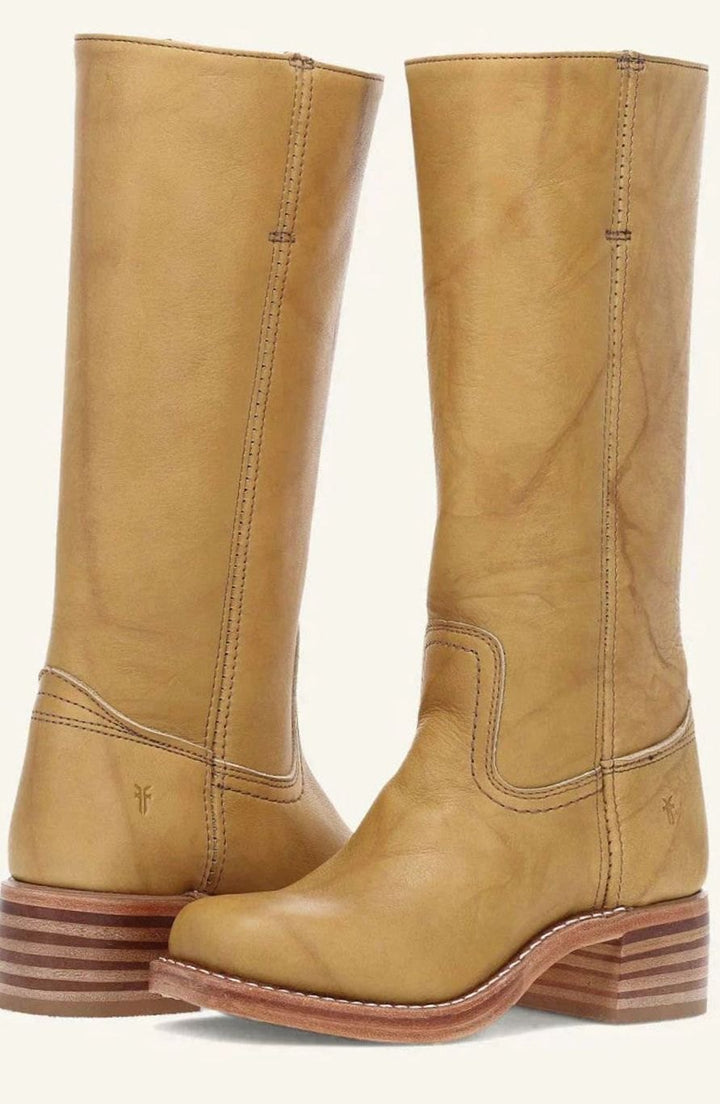 Women's Mid-Calf Stacked-Heel Leather Western Boots - Yellow