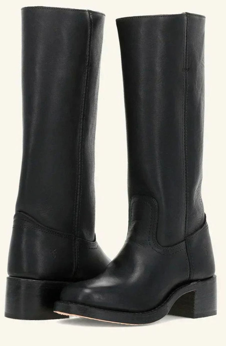 Women's Mid-Calf Stacked-Heel Leather Western Boots - Black
