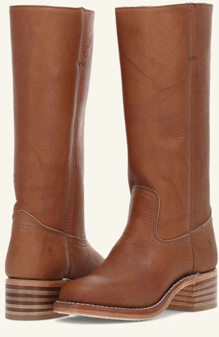 Women's Mid-Calf Stacked-Heel Leather Western Boots - Light Brown