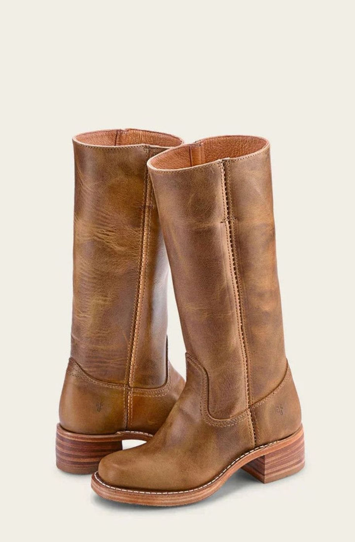 Women's Mid-Calf Stacked-Heel Leather Western Boots - Brown