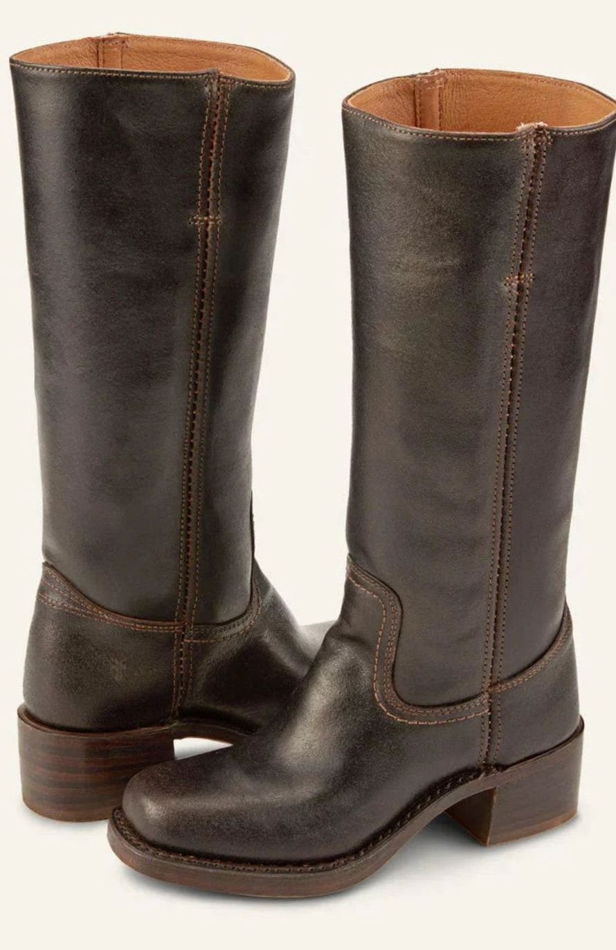 Women's Mid-Calf Stacked-Heel Leather Western Boots - Dark Brown