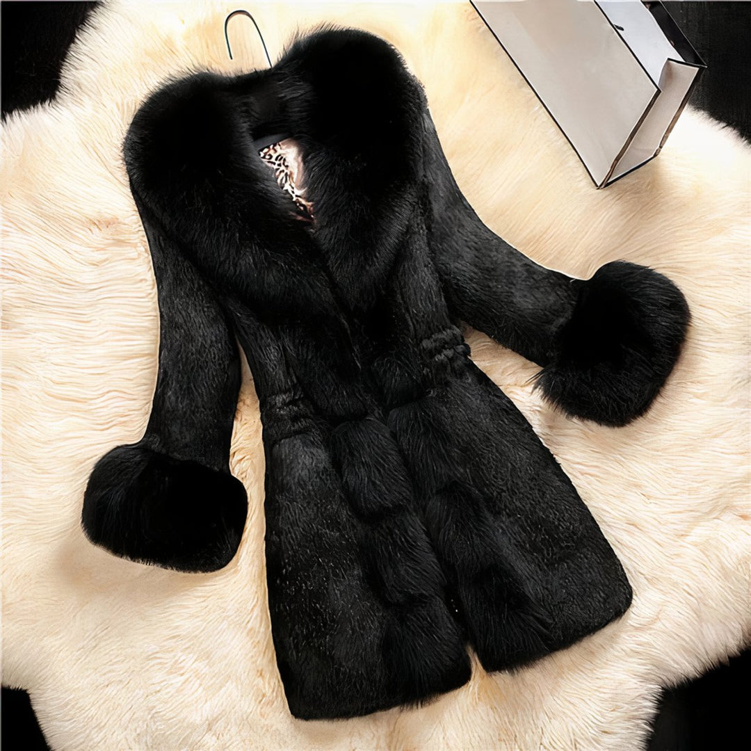 Women's Midi Fluffy Faux Fur Coat Fox Collar Cuffed Sleeves