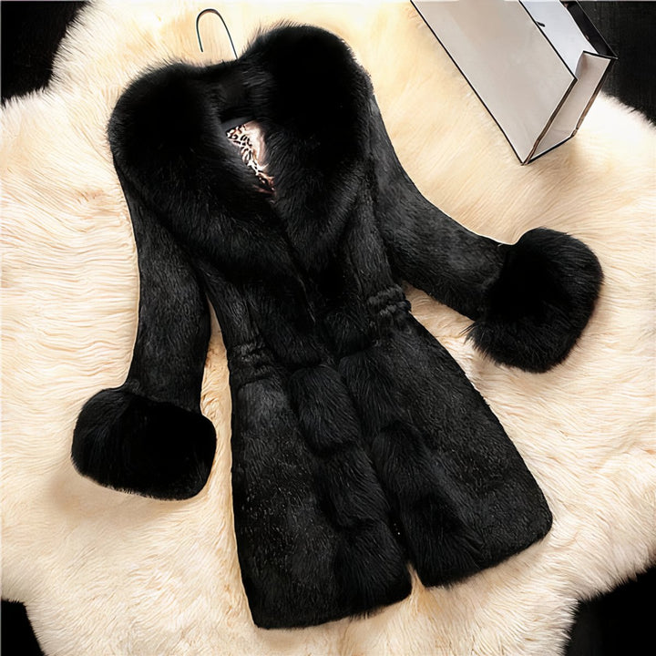Women's Midi Fluffy Faux Fur Coat Fox Collar Cuffed Sleeves