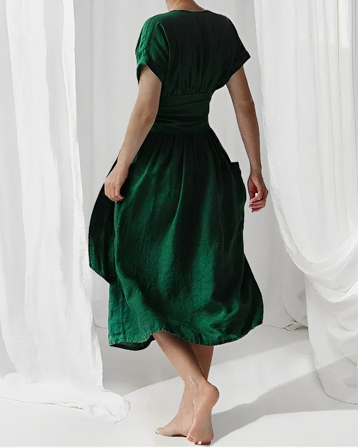Women's Midi Wrap Knitted Dress Tie-Waist Short-Sleeve Pockets