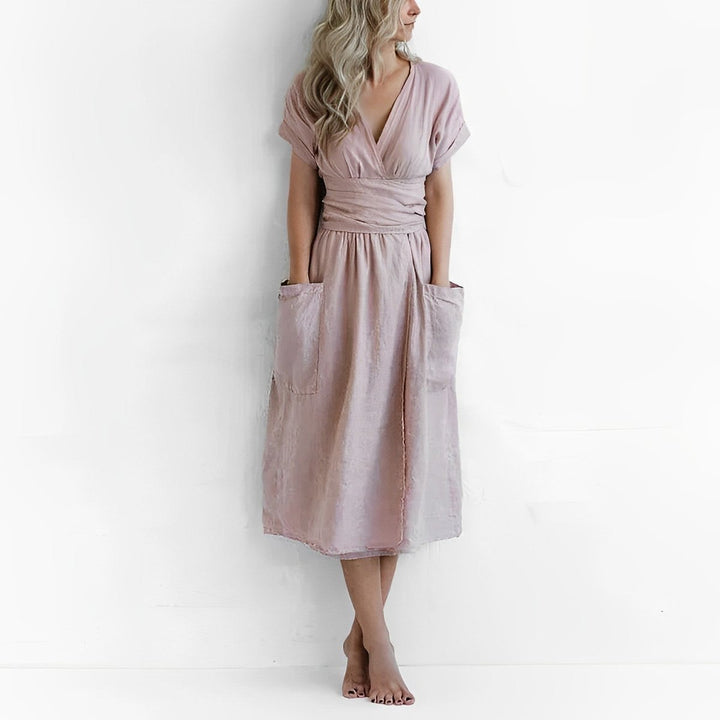 Women's Midi Wrap Knitted Dress Tie-Waist Short-Sleeve Pockets
