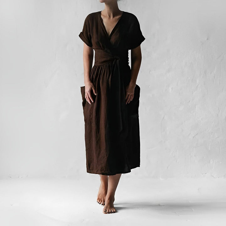 Women's Midi Wrap Knitted Dress Tie-Waist Short-Sleeve Pockets