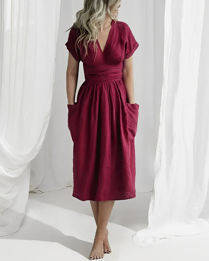 Women's Midi Wrap Knitted Dress Tie-Waist Short-Sleeve Pockets