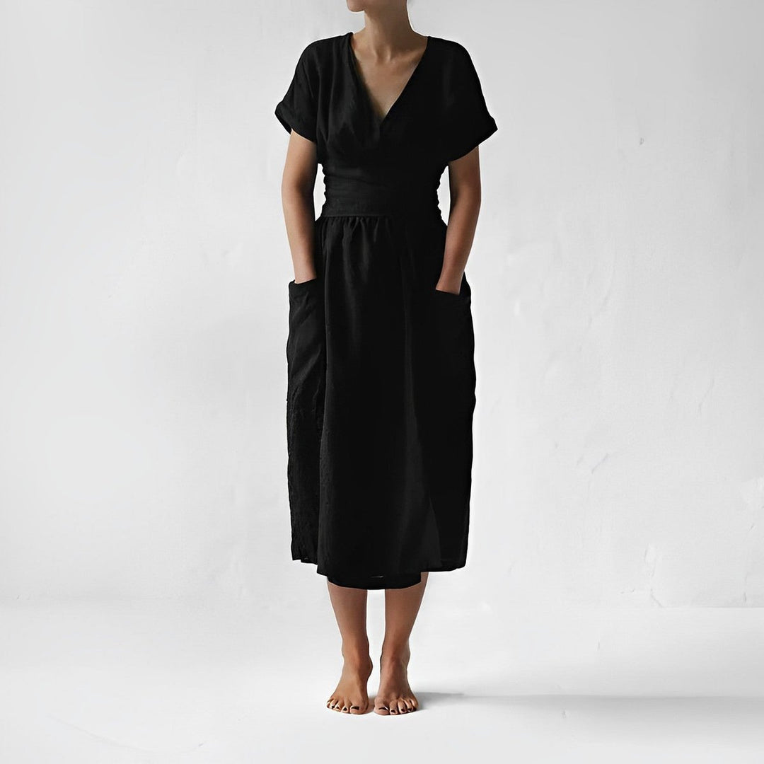 Women's Midi Wrap Knitted Dress Tie-Waist Short-Sleeve Pockets