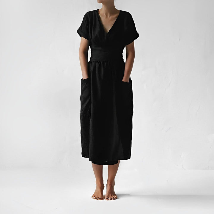 Women's Midi Wrap Knitted Dress Tie-Waist Short-Sleeve Pockets