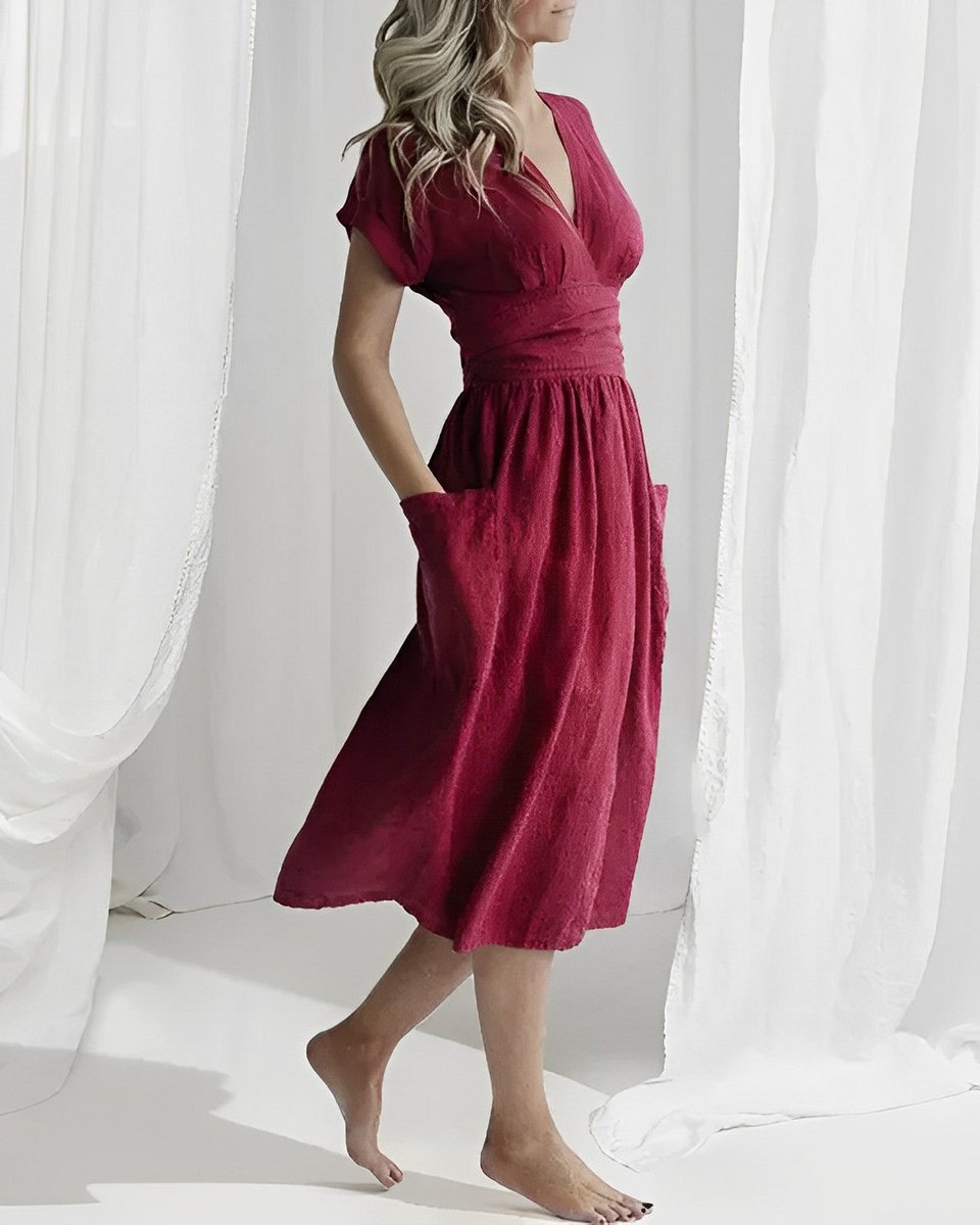 Women's Midi Wrap Knitted Dress Tie-Waist Short-Sleeve Pockets