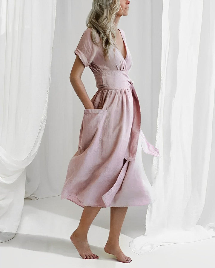 Women's Midi Wrap Knitted Dress Tie-Waist Short-Sleeve Pockets