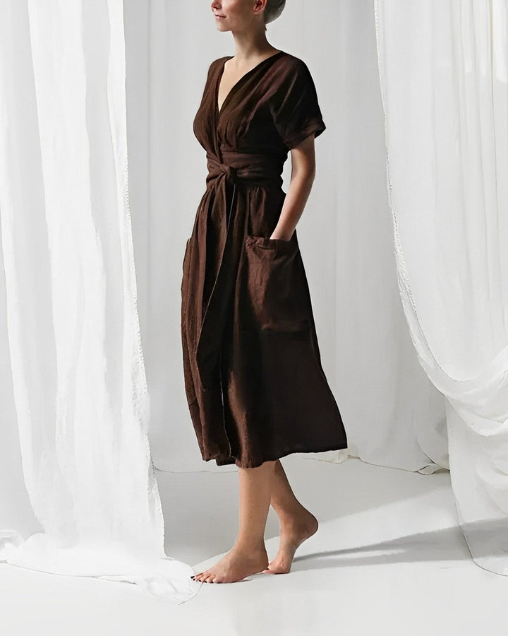 Women's Midi Wrap Knitted Dress Tie-Waist Short-Sleeve Pockets