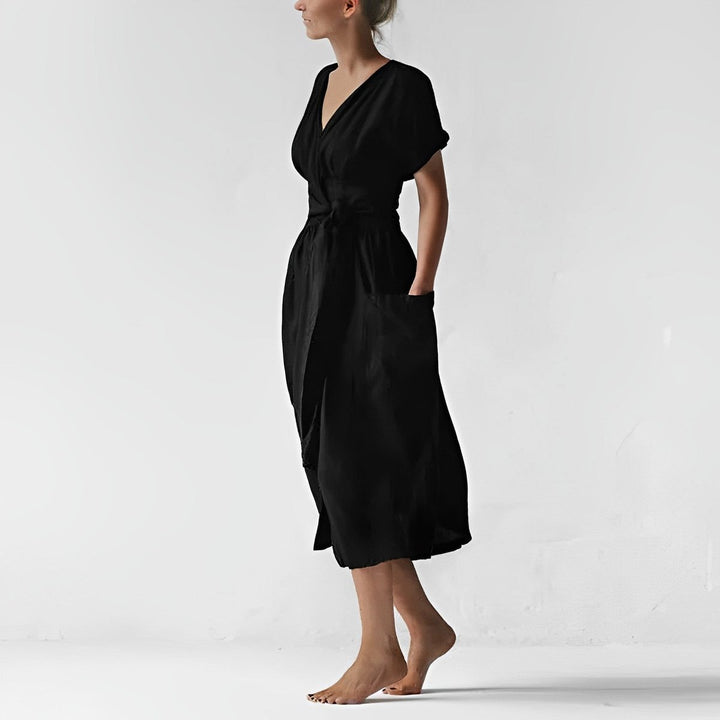 Women's Midi Wrap Knitted Dress Tie-Waist Short-Sleeve Pockets