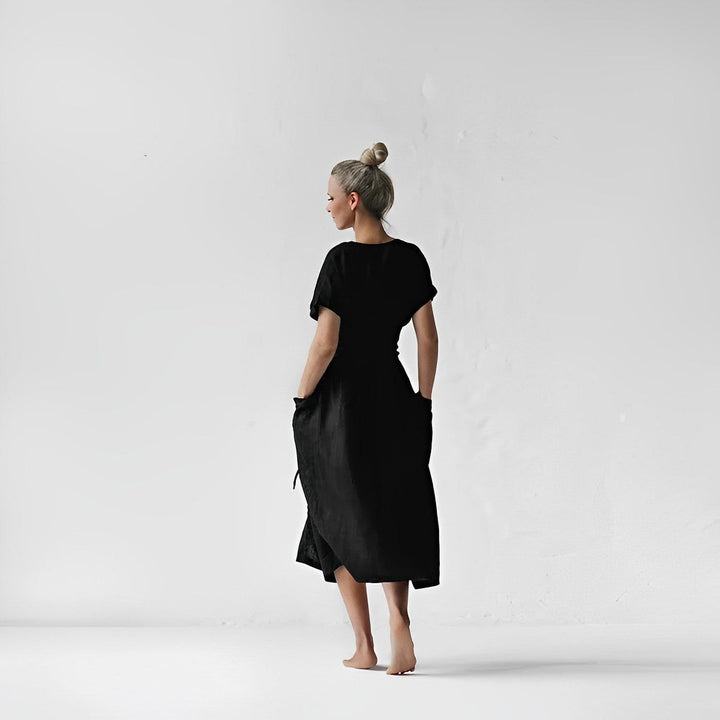 Women's Midi Wrap Knitted Dress Tie-Waist Short-Sleeve Pockets