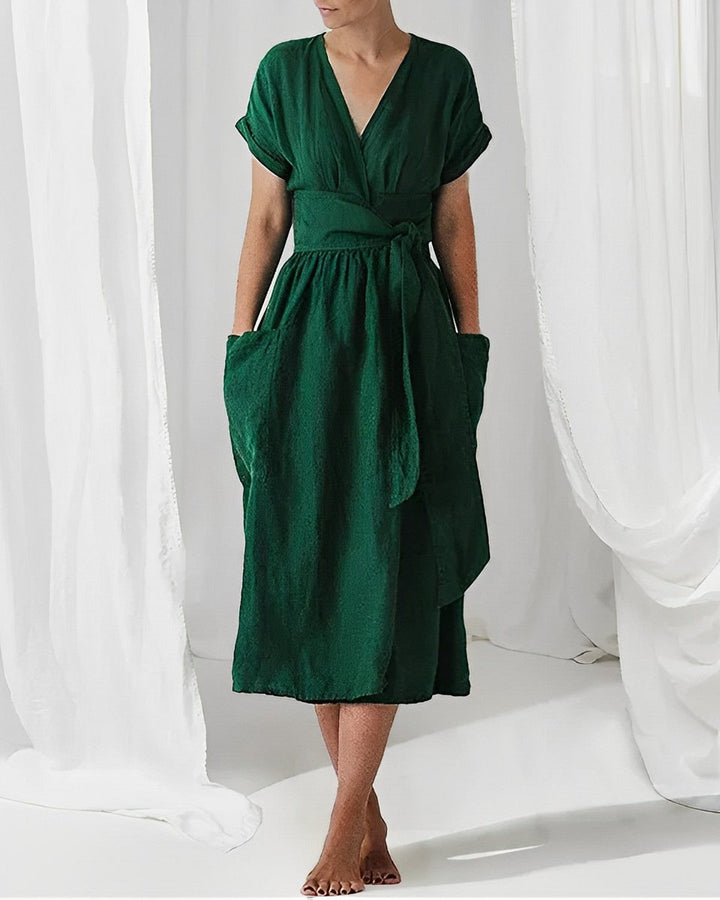 Women's Midi Wrap Knitted Dress Tie-Waist Short-Sleeve Pockets