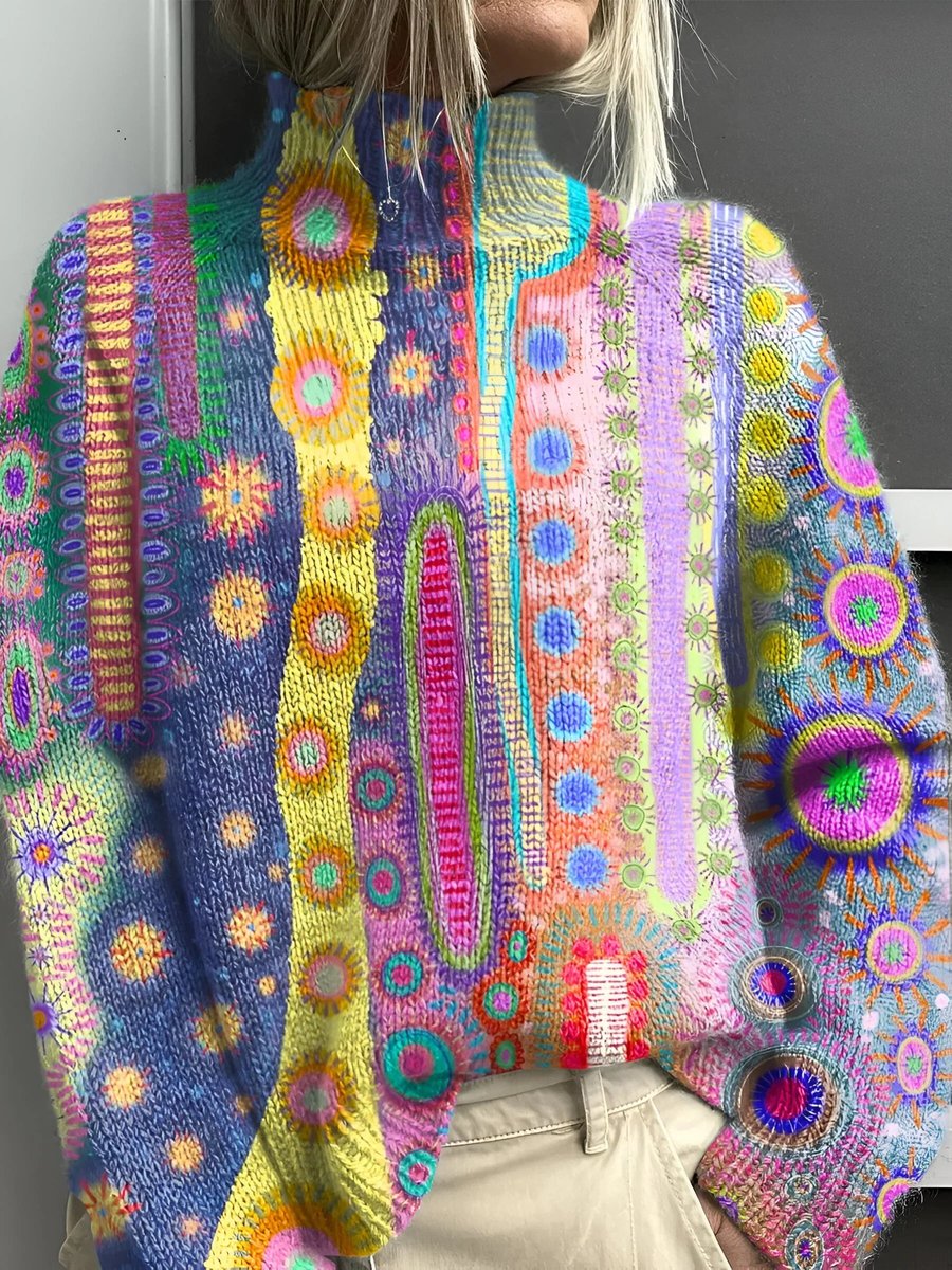 Women's Multicolour Abstract Knit Turtleneck Jumper