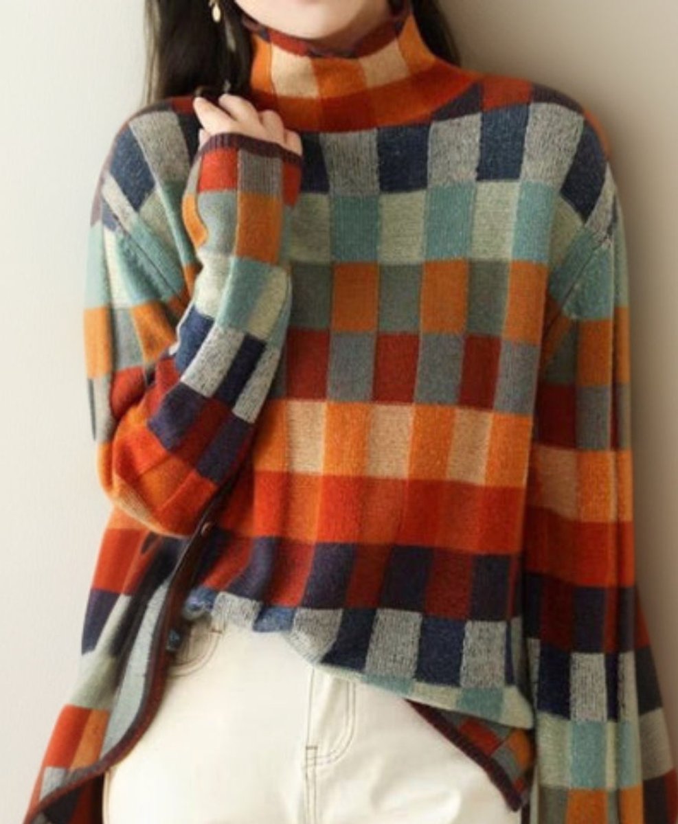 Women's Multicolour Checked Turtleneck Knitted Sweater
