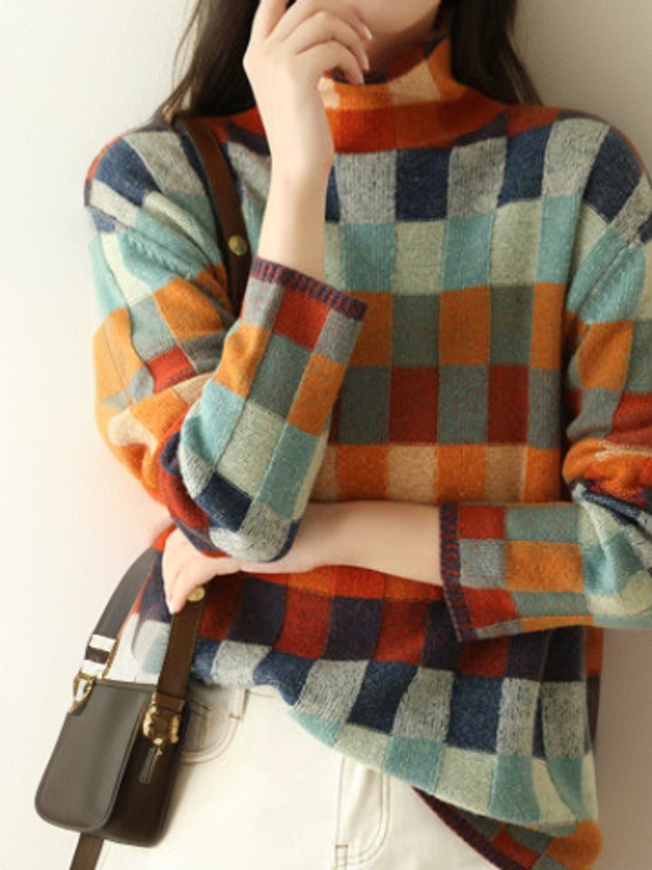 Women's Multicolour Checked Turtleneck Knitted Sweater