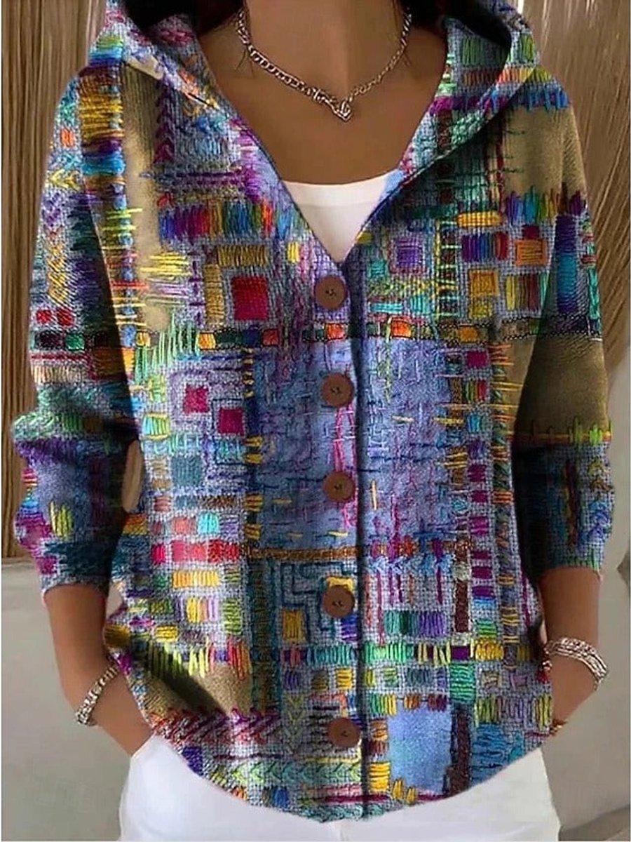 Women's Multicolour Hooded Button-Front Oversized Cardigan