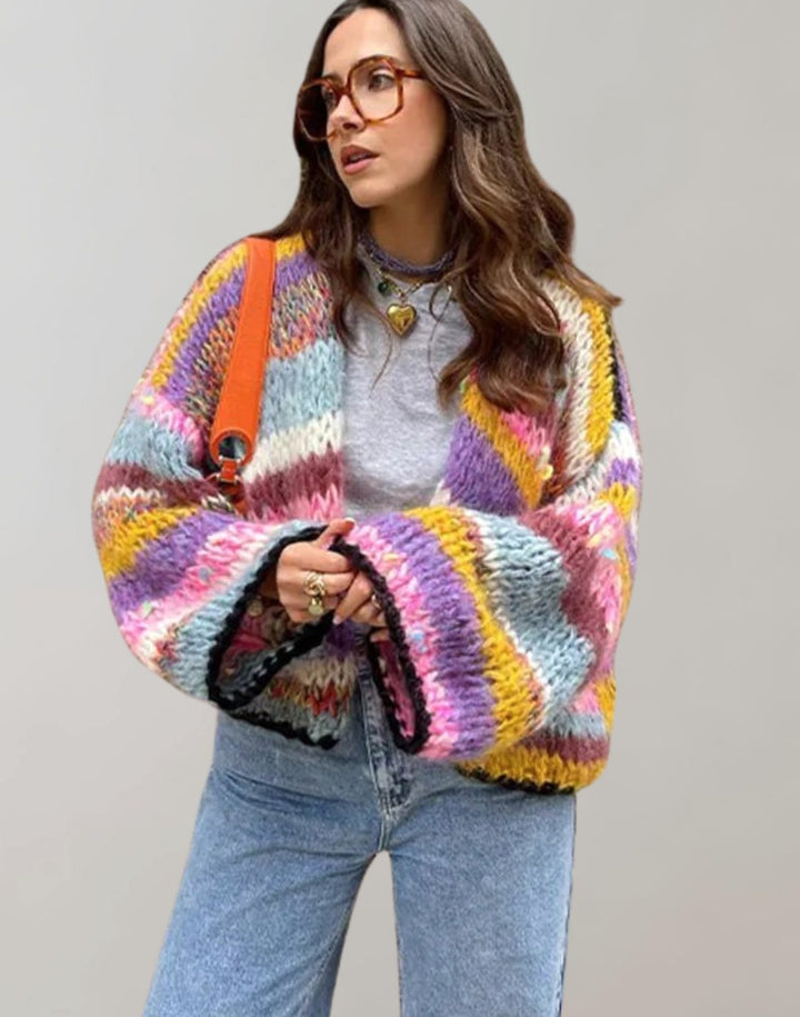 Women's Multicolour Oversized Knit Cardigan Chunky Stripe Open Front
