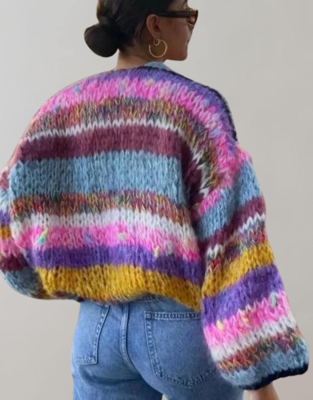 Women's Multicolour Oversized Knit Cardigan Chunky Stripe Open Front