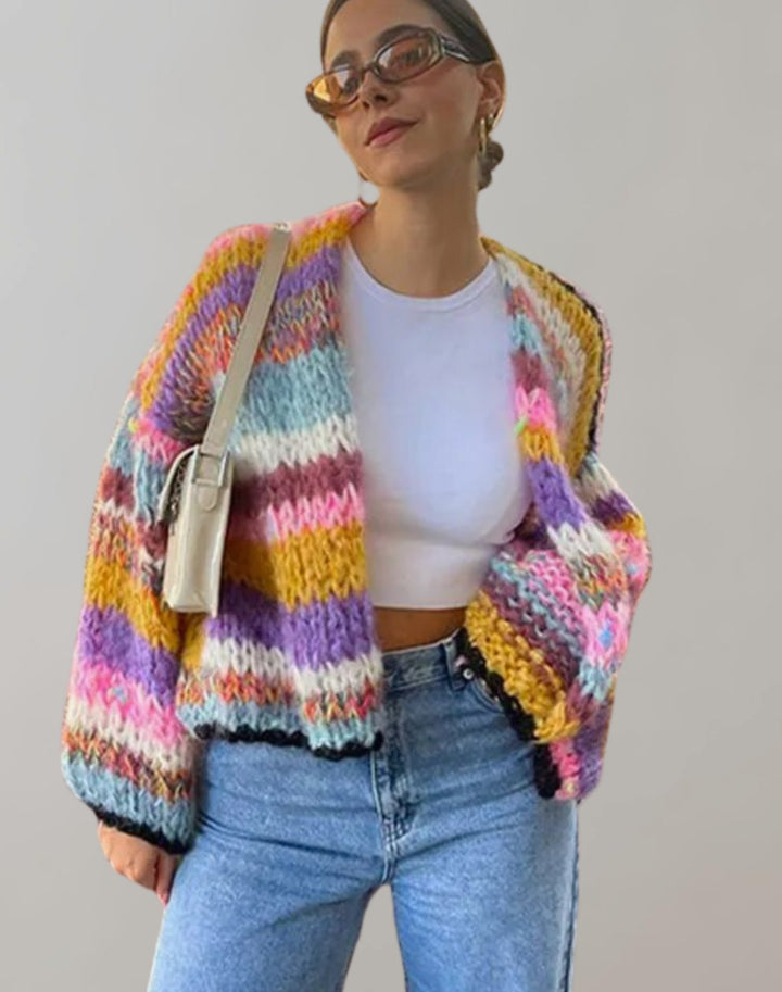 Women's Multicolour Oversized Knit Cardigan Chunky Stripe Open Front