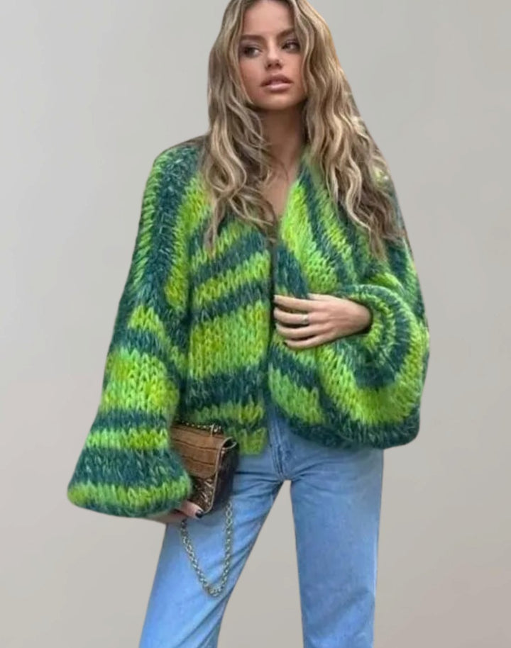Women's Multicolour Oversized Knit Cardigan Chunky Stripe Open Front