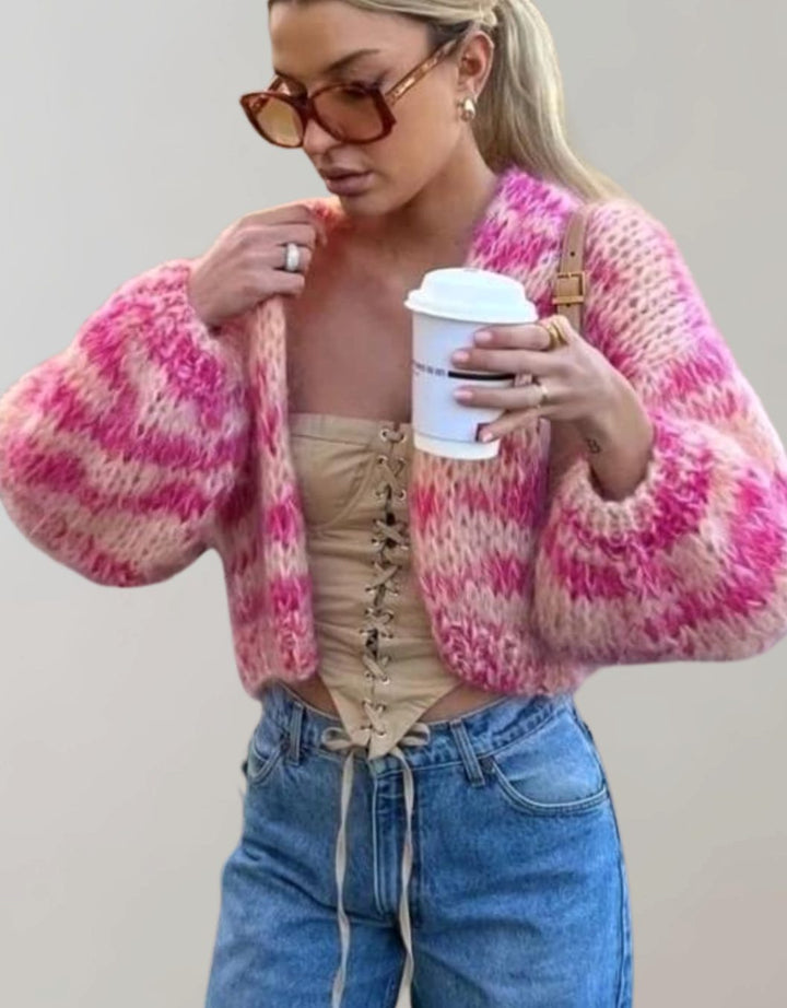 Women's Multicolour Oversized Knit Cardigan Chunky Stripe Open Front