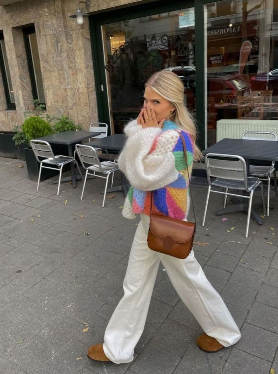 Women's Multicolour Oversized Knit Cardigan Open Front Chunky Patchwork