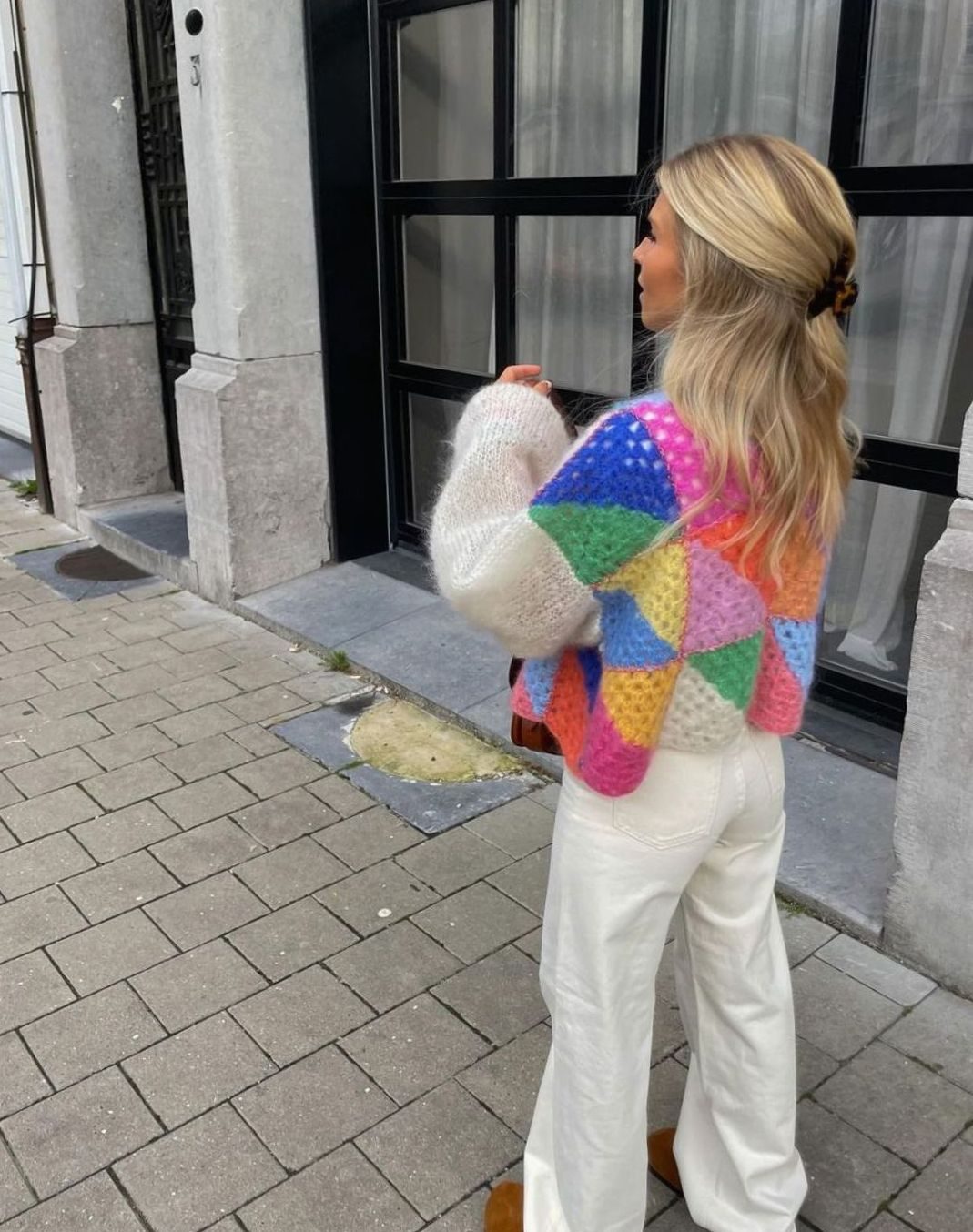 Women's Multicolour Oversized Knit Cardigan Open Front Chunky Patchwork