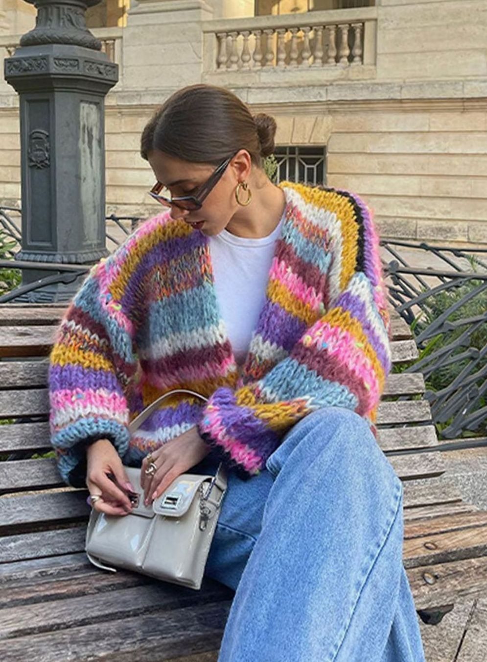 Women's Multicolour Oversized Knit Cardigan Open Front Chunky Patchwork