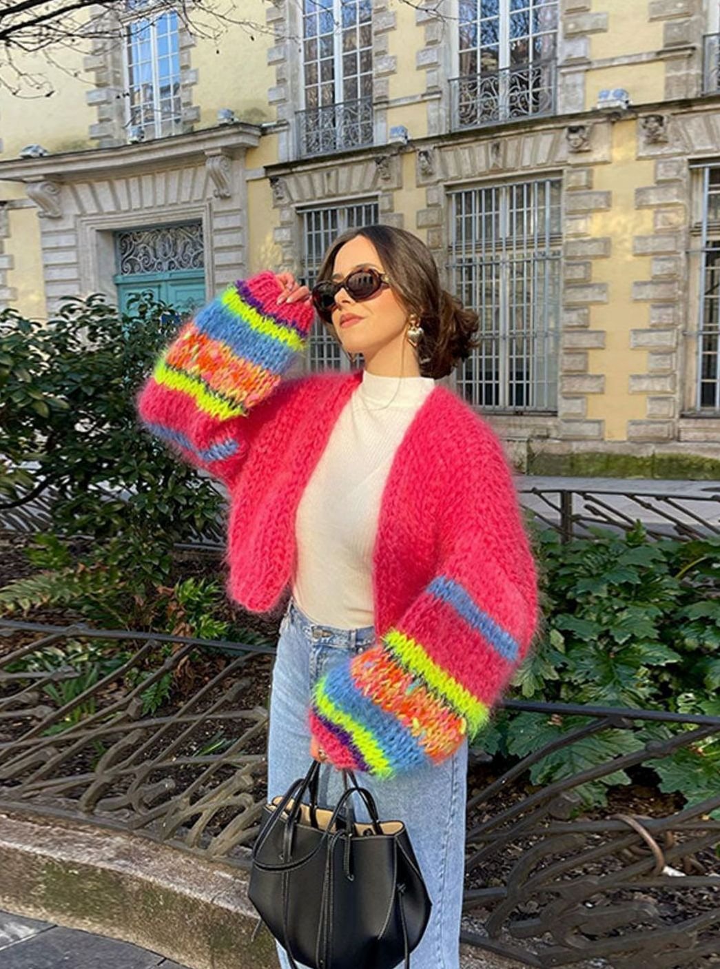 Women's Multicolour Oversized Knit Cardigan Open Front Chunky Patchwork