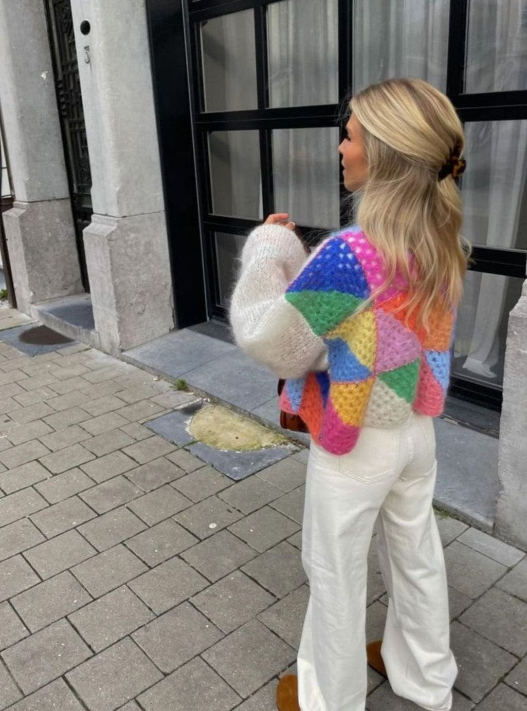 Women's Multicolour Oversized Knit Cardigan Open Front Chunky Patchwork