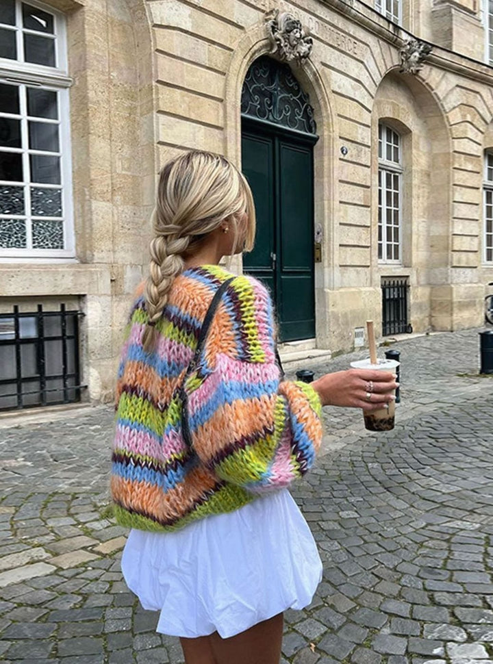 Women's Multicolour Oversized Knit Cardigan Open Front Chunky Patchwork