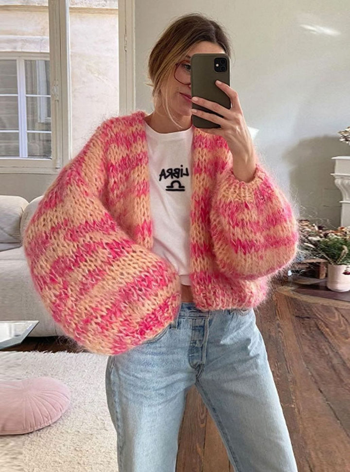 Women's Multicolour Oversized Knit Cardigan Open Front Chunky Patchwork