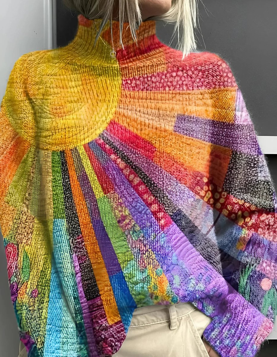 Women's Multicolour Oversized Ribbed Knit Turtleneck Jumper