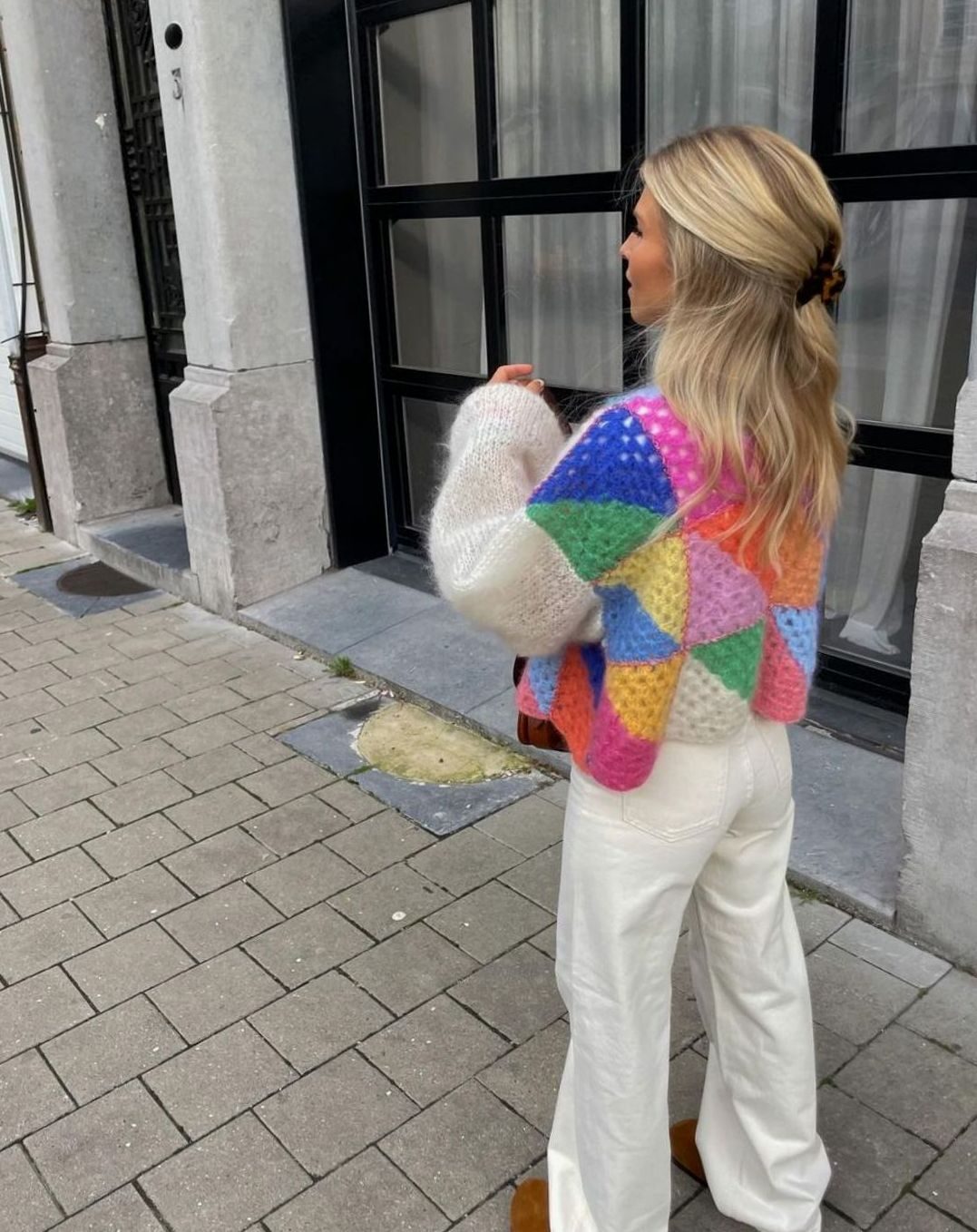 Women's Multicolour Patchwork Oversized Knit Cardigan Fluffy Balloon Sleeve