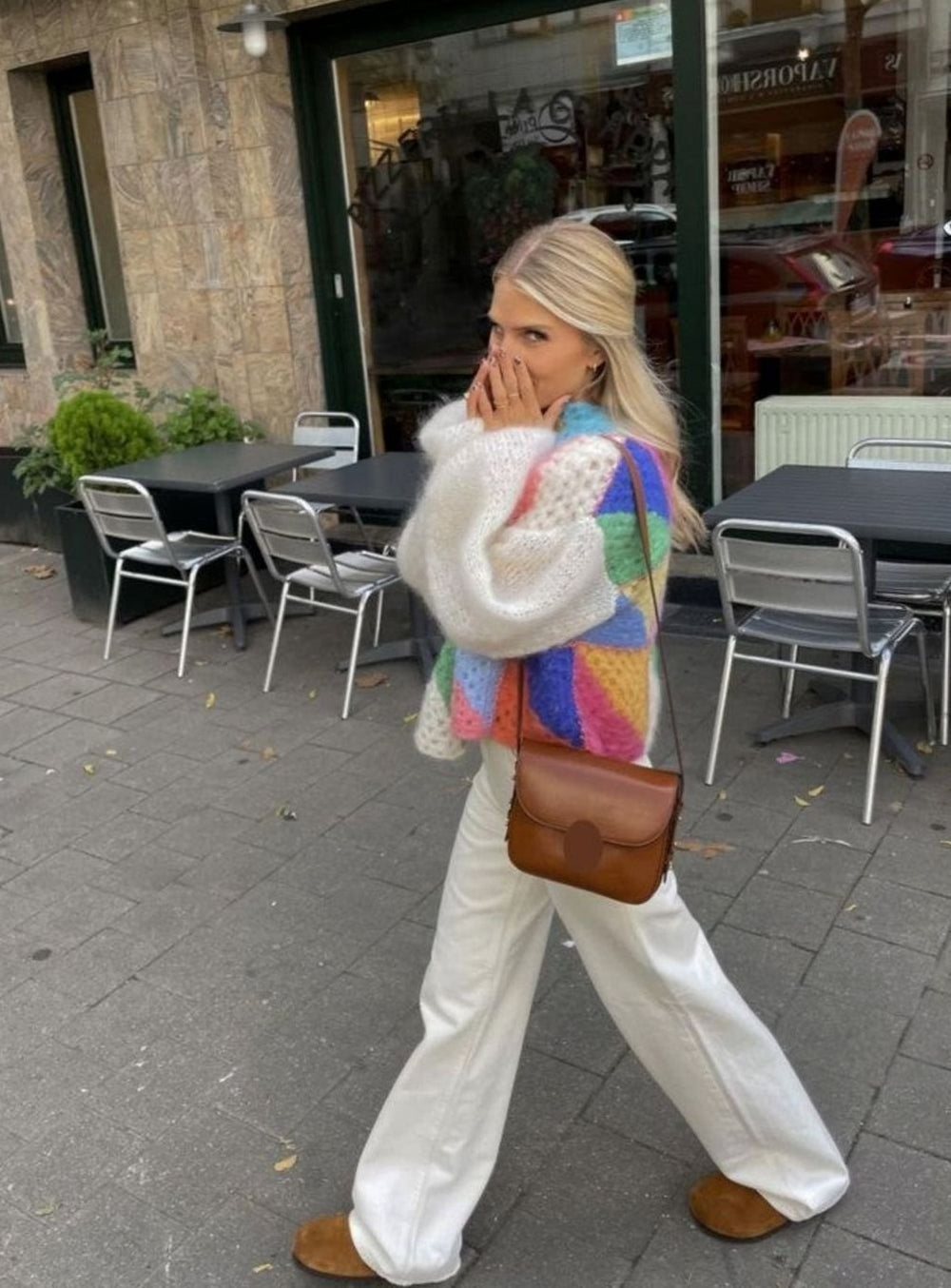 Women's Multicolour Patchwork Oversized Knit Cardigan Fluffy Balloon Sleeve
