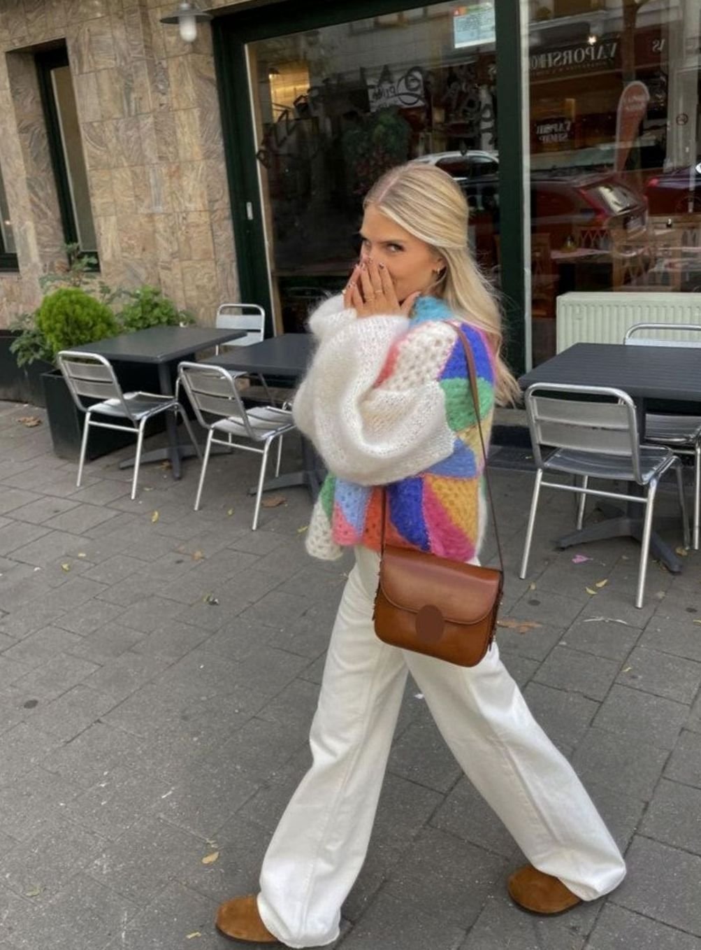 Women's Multicolour Patchwork Oversized Knit Cardigan Fluffy Balloon Sleeve