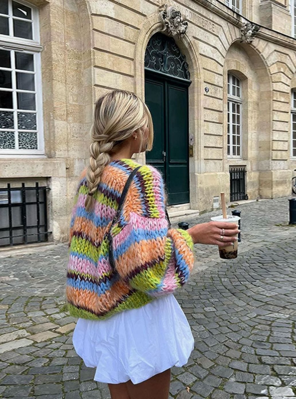 Women's Multicolour Patchwork Oversized Knit Cardigan Fluffy Balloon Sleeve