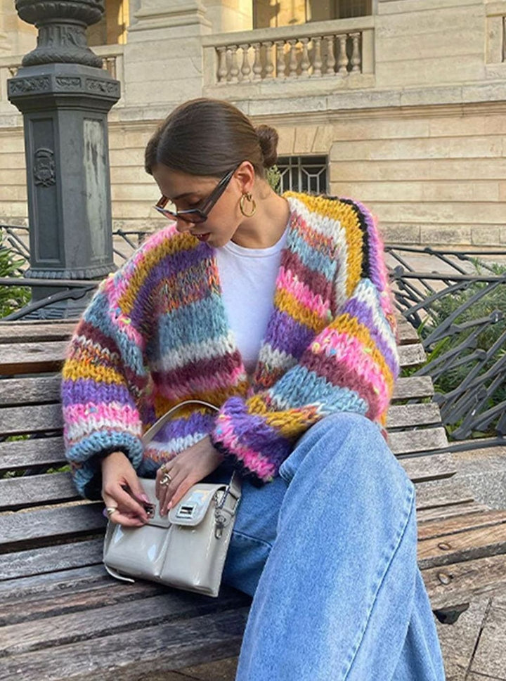 Women's Multicolour Patchwork Oversized Knit Cardigan Fluffy Balloon Sleeve