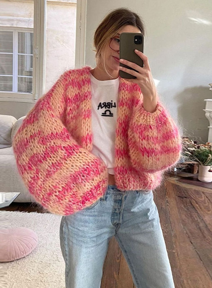 Women's Multicolour Patchwork Oversized Knit Cardigan Fluffy Balloon Sleeve