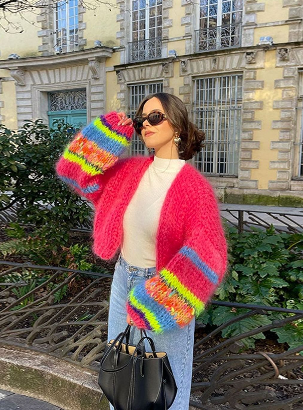 Women's Multicolour Patchwork Oversized Knit Cardigan Fluffy Balloon Sleeve