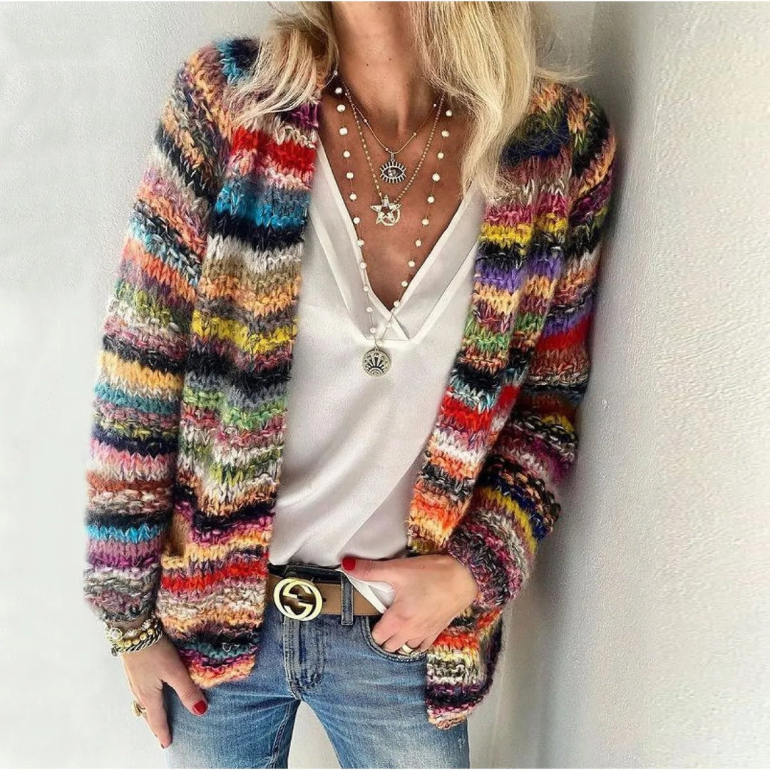 Women's Multicolour Striped Open-Front Knitted Sweater Cardigan
