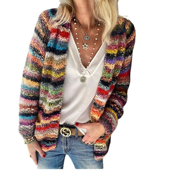 Women's Multicolour Striped Open-Front Knitted Sweater Cardigan