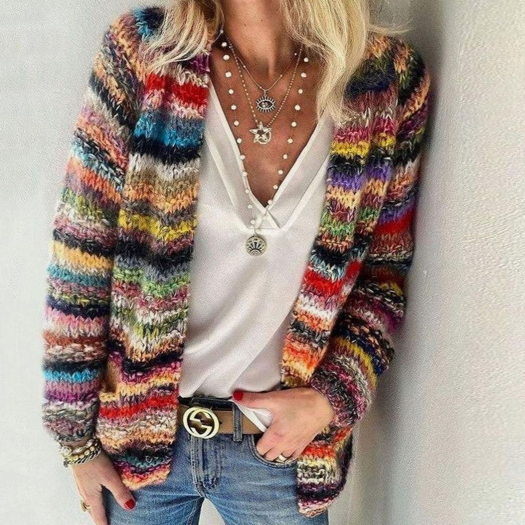 Women's Multicolour Striped Oversized Knit Cardigan Long Sleeve