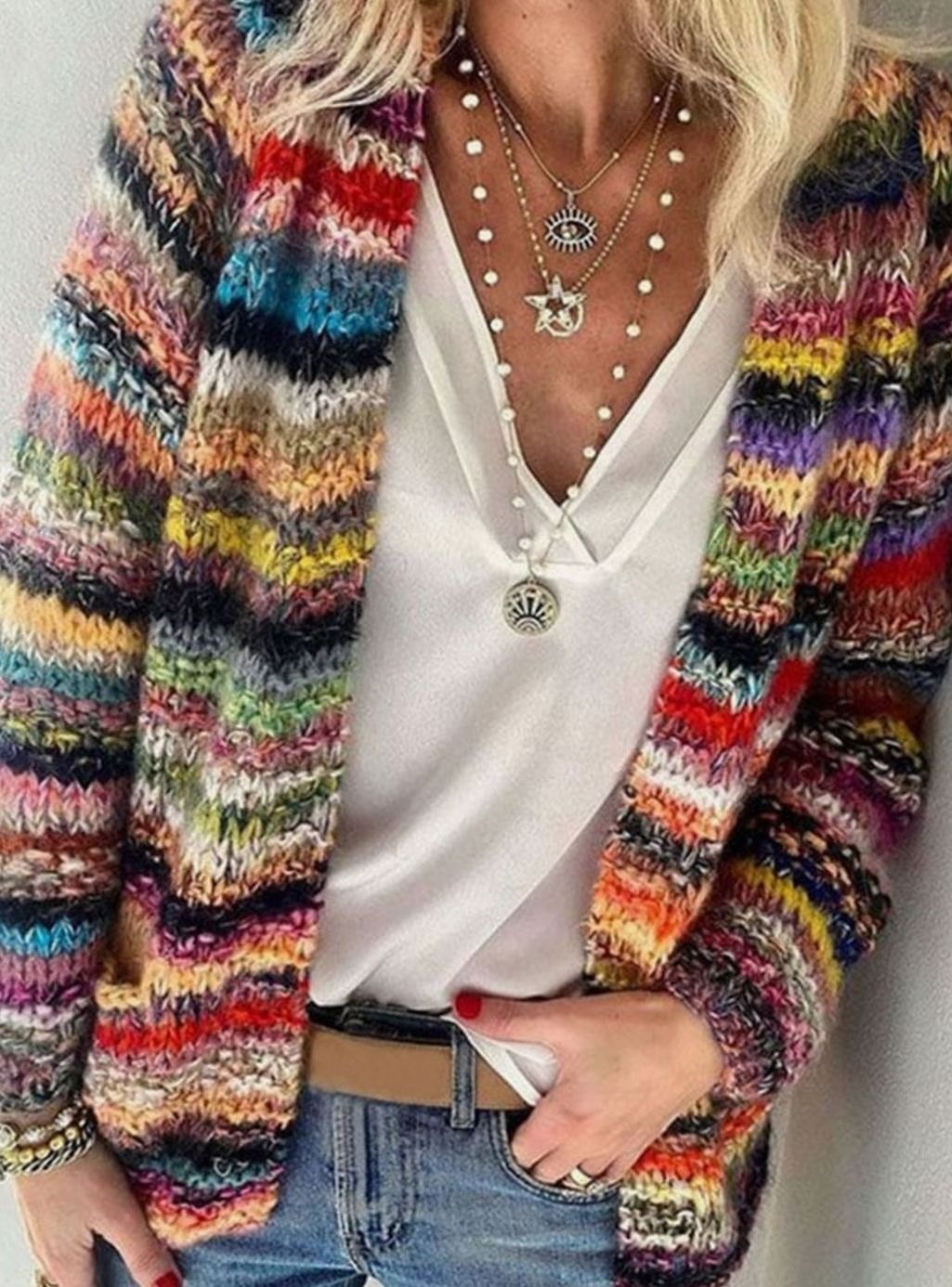 Women's Multicolour Striped Oversized Knit Cardigan Open Front